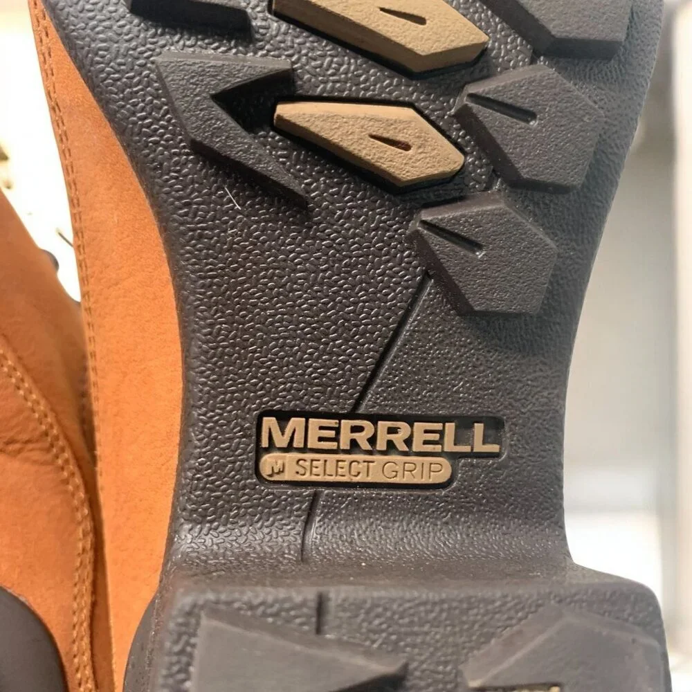 Merrell Heeled Leather Hiking Boots • Waterproof • Chunky Sole Size 10 Tan/Brown